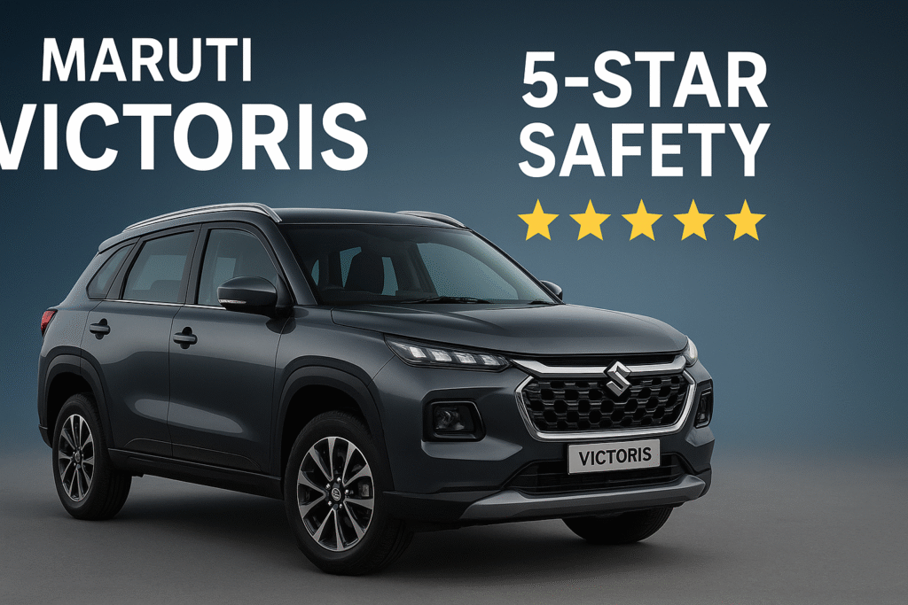 मारुति की नई Victoris SUV का फ्रंट व्यू, 10.25-इंच टचस्क्रीन, 360 डिग्री कैमरा और 5-स्टार सेफ्टी फीचर्स के साथ लॉन्च
